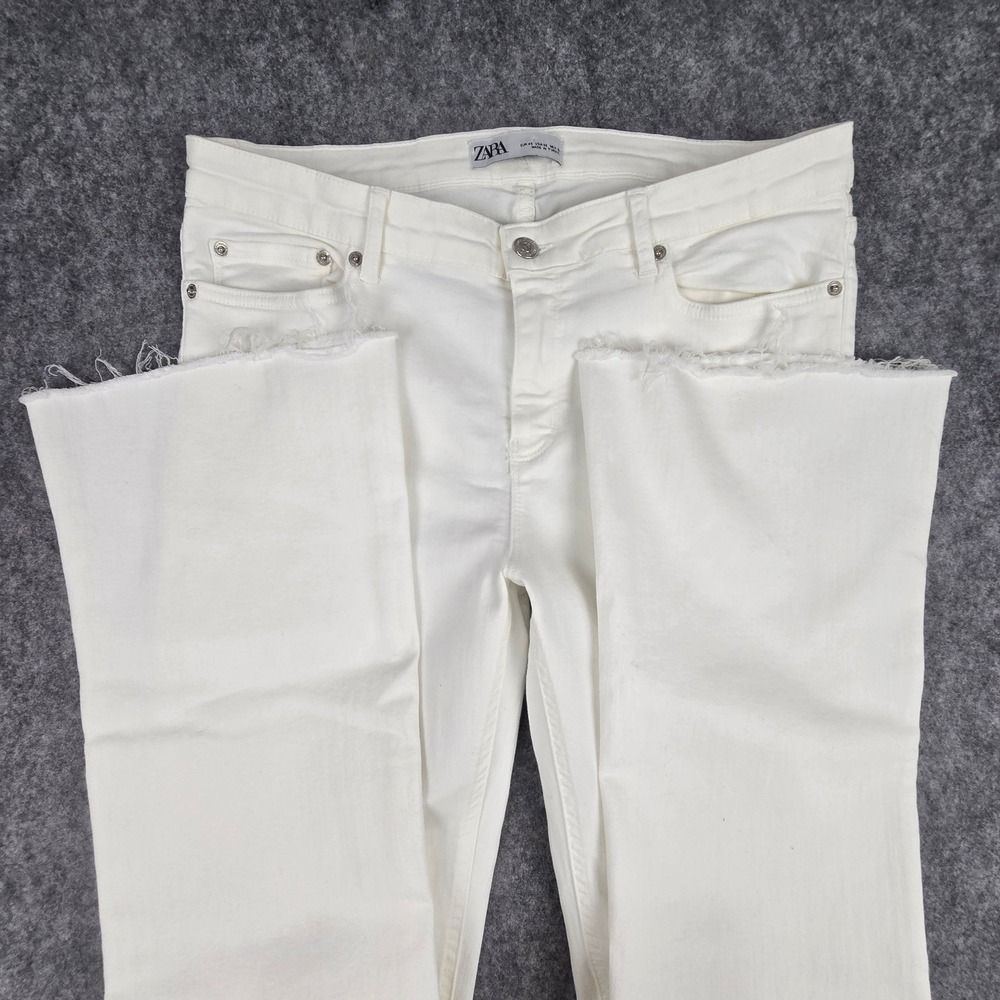 Zara Womens 8 White Denim Flare Jeans Raw Frill Hem Bootcut Stretch High Rise